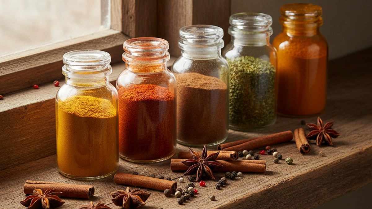 Colorful spice blends in small glass jars with whole spices scattered on a wooden cutting board