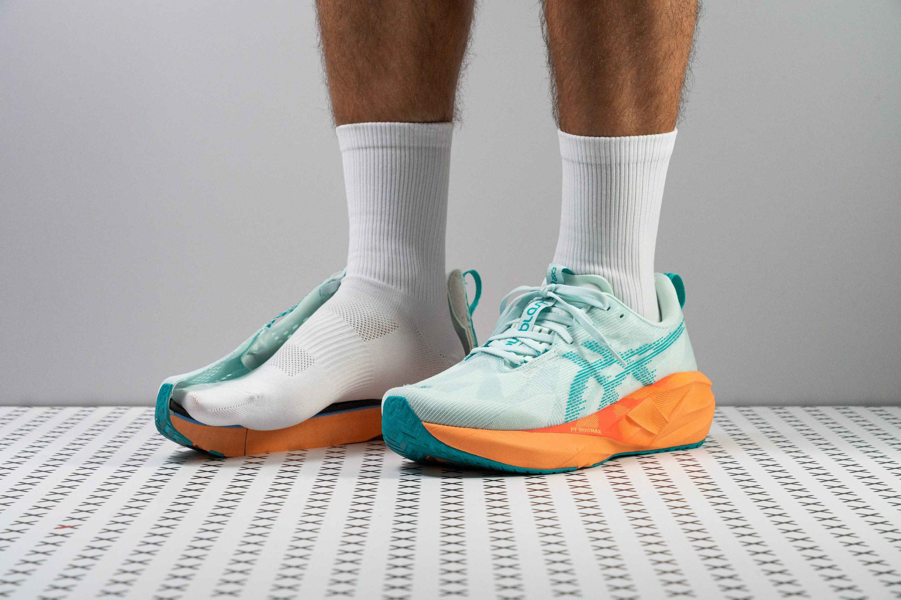 ASICS Novablast 5 running shoe from the side showing the FF BLAST+ TURBO midsole