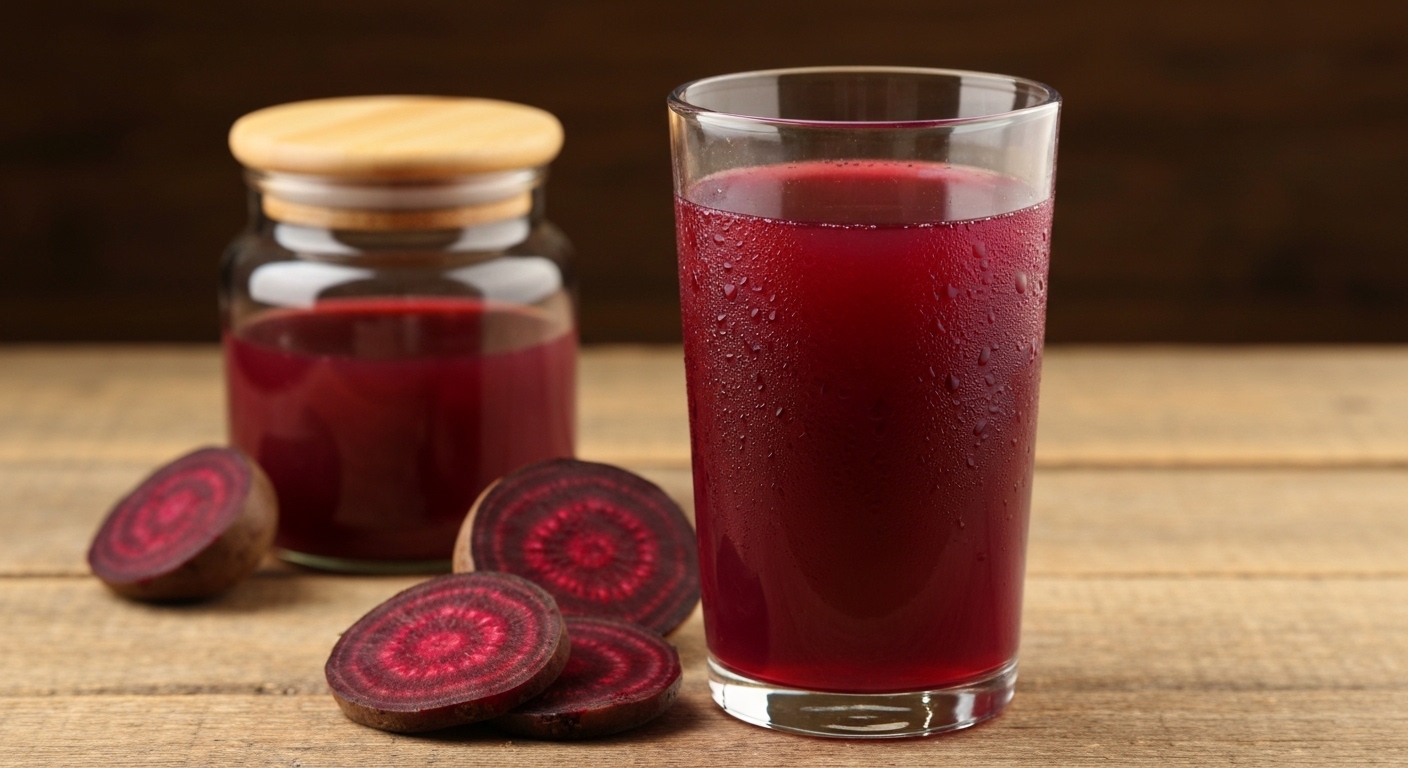 A glass of deep red beetroot kvass with fresh beets and a mason jar on a wooden surface