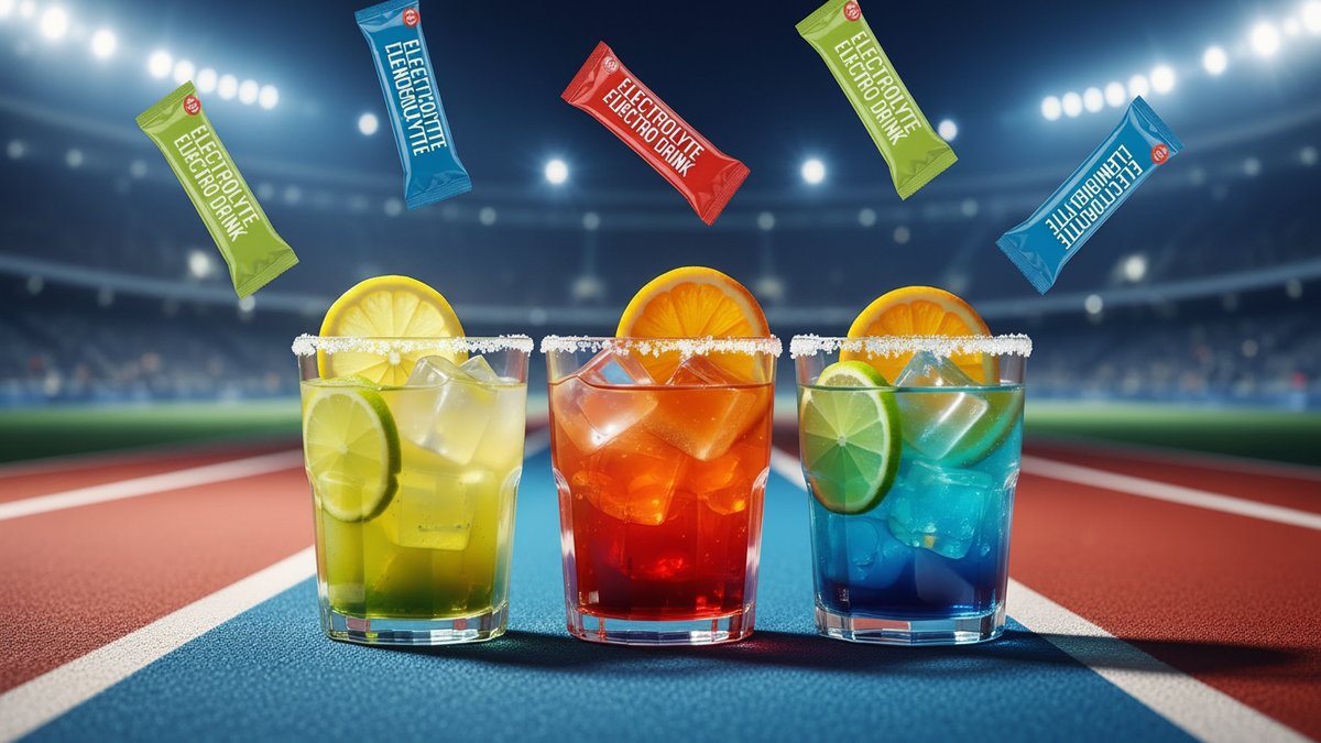 Colorful electrolyte drink packets and bottles laid out next to running shoes and a water bottle