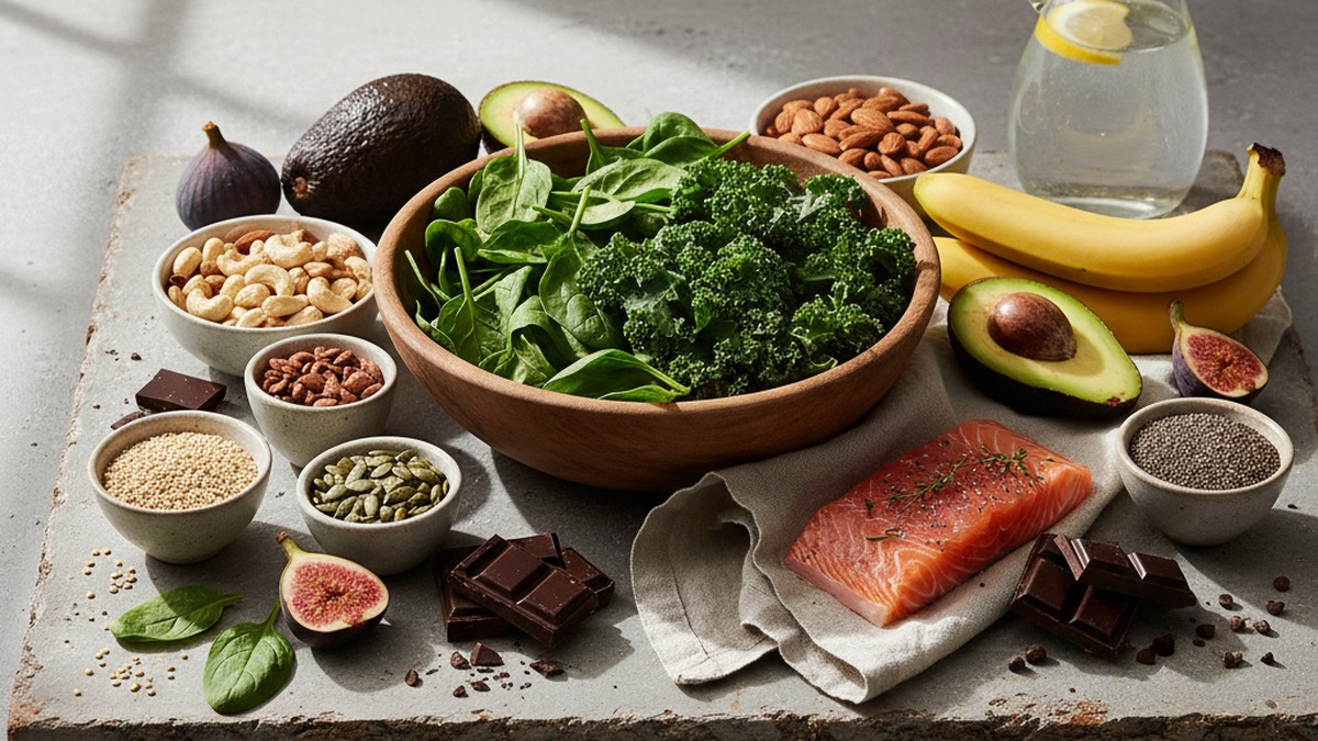 An overhead arrangement of magnesium-rich foods including dark chocolate, almonds, spinach, pumpkin seeds, and avocado