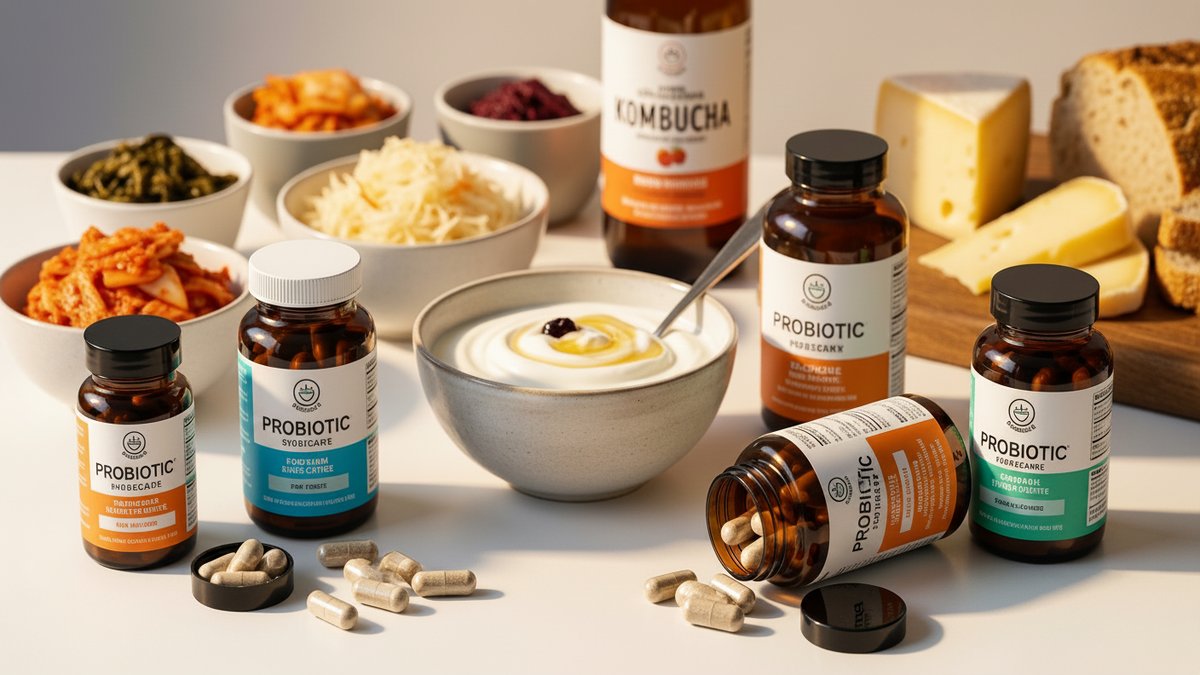 Probiotic supplement capsules alongside fermented foods like yogurt and kimchi
