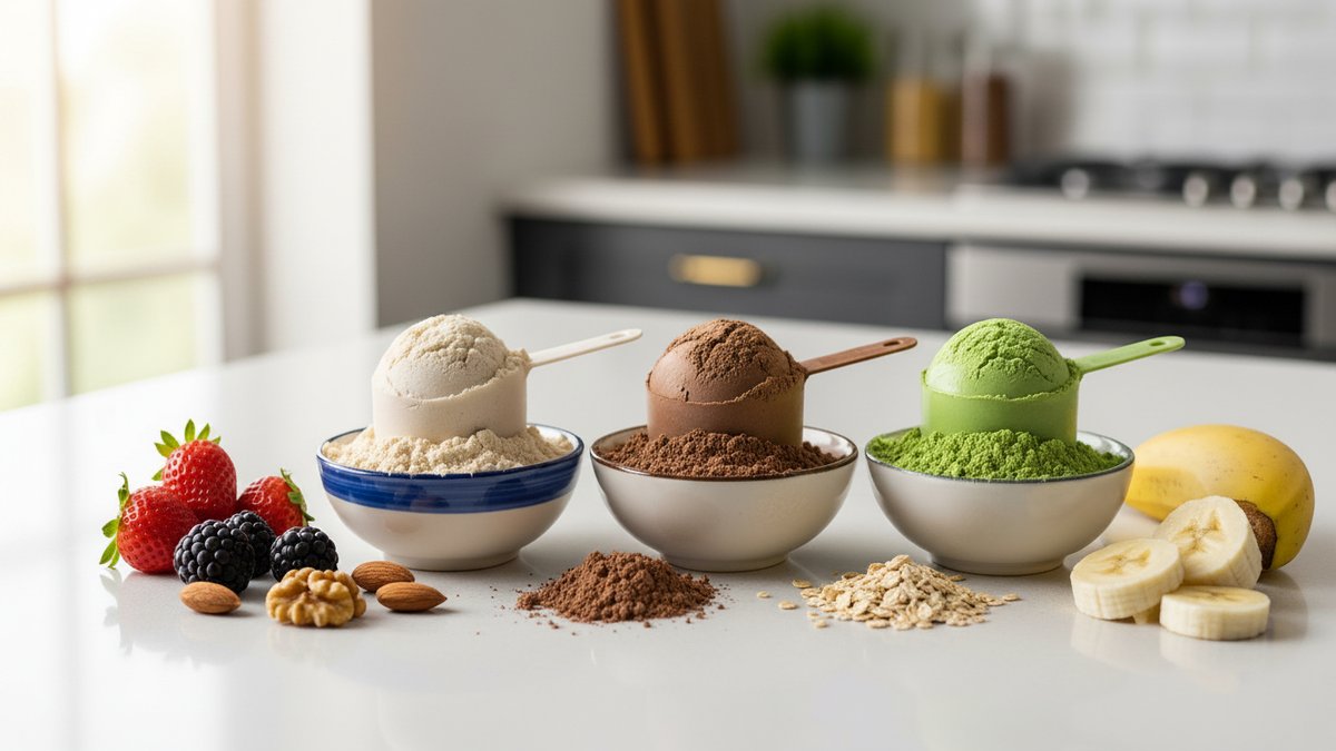 Scoops of whey and plant protein powder alongside fresh ingredients on a kitchen counter