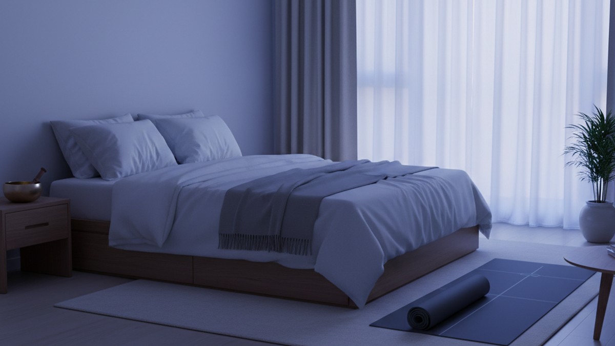 Person lying in savasana position on a yoga mat in soft lighting for body scan meditation
