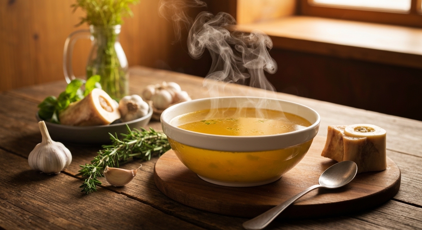 A steaming bowl of golden bone broth with herbs and vegetables on a rustic kitchen table