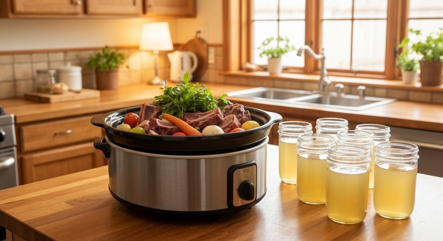 A warm bowl of bone broth with collagen-rich jelly texture visible and fresh herbs