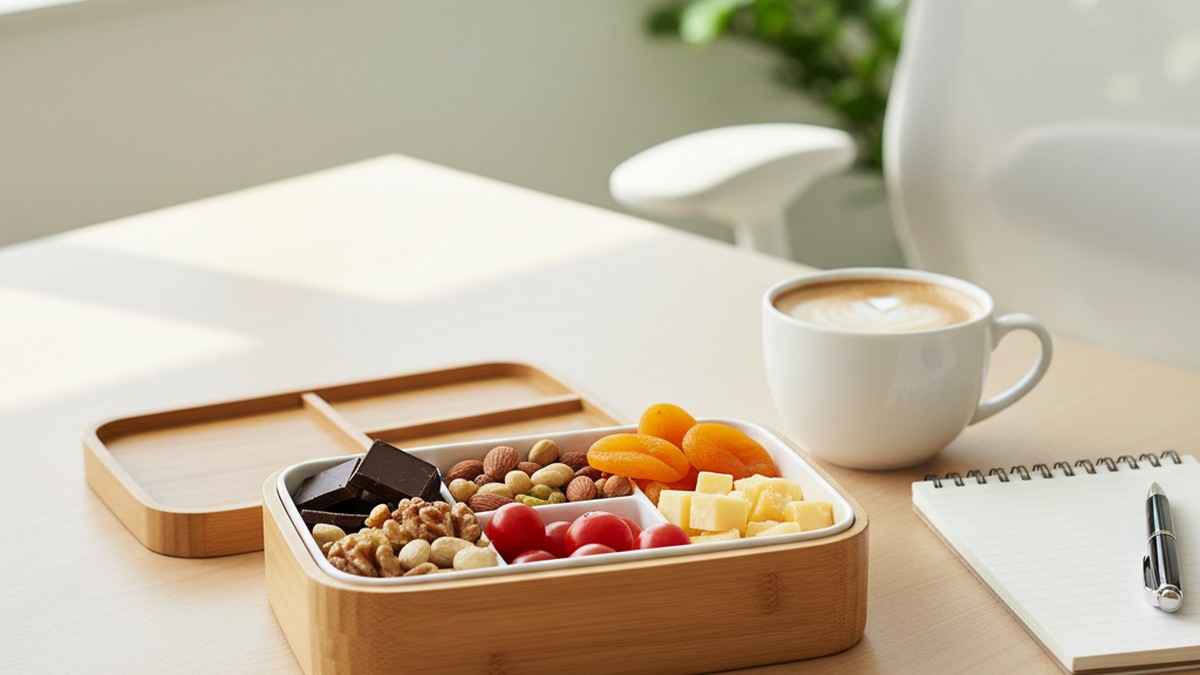 Healthy brain-boosting snacks arranged in small bowls including nuts berries dark chocolate and seeds
