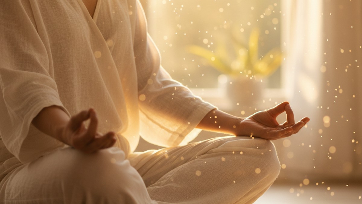 Person practicing breathwork outdoors with eyes closed and a calm expression