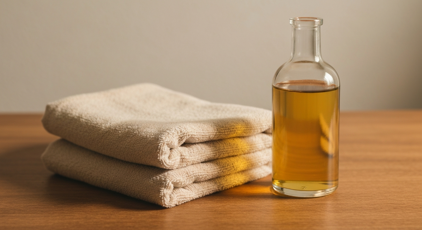 A bottle of castor oil with a folded flannel cloth on a wooden surface in warm light