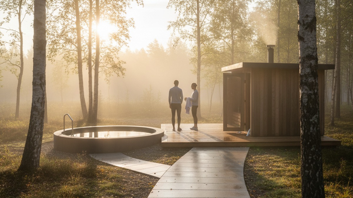 An outdoor cold-plunge tub with steam rising, a wooden sauna in the background