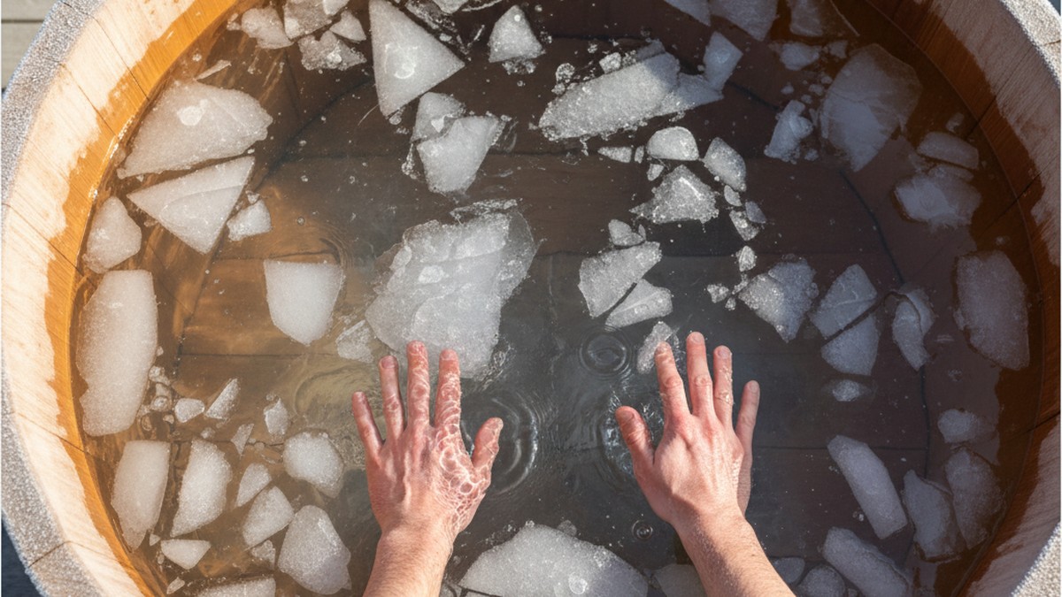 Clear cold water filling a tub with ice cubes showing the preparation for cold water therapy