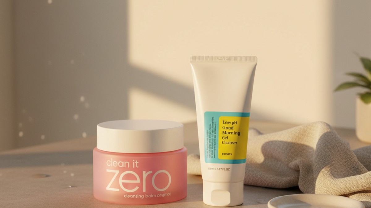 A bathroom counter with micellar water, cleansing milk, and a gentle foam cleanser as oil-free alternatives