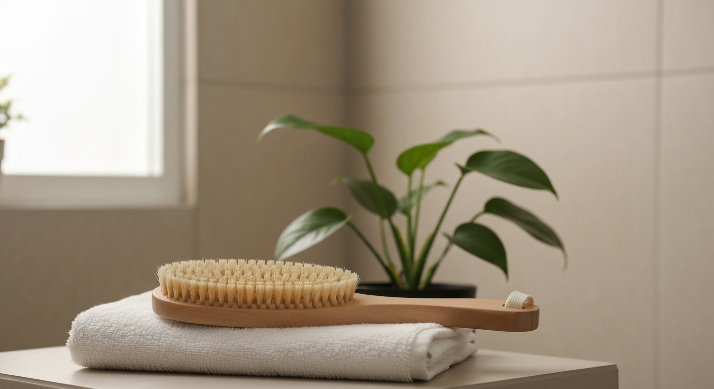 A natural-bristle body brush on a folded towel beside a plant in soft bathroom light