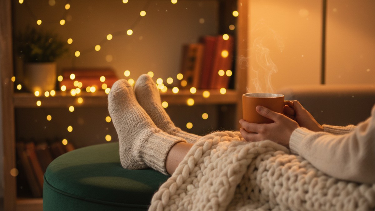 Calming evening scene with candles herbal tea and a book on a bedside table