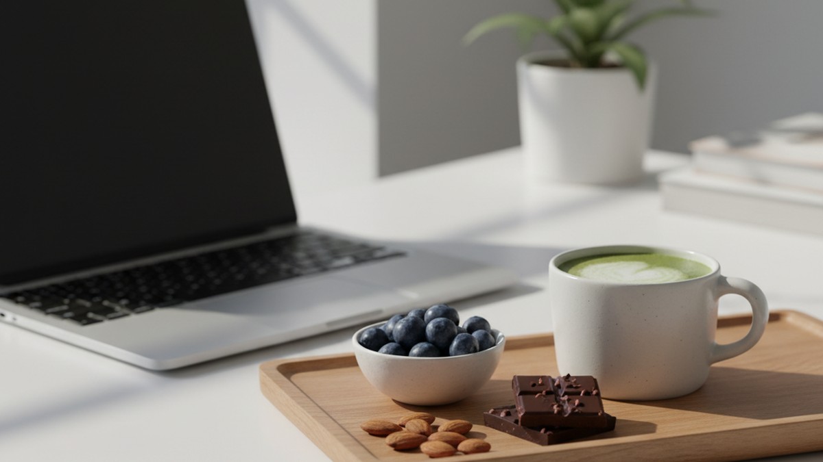 Brain-boosting foods arranged in sections including blueberries walnuts eggs and dark chocolate