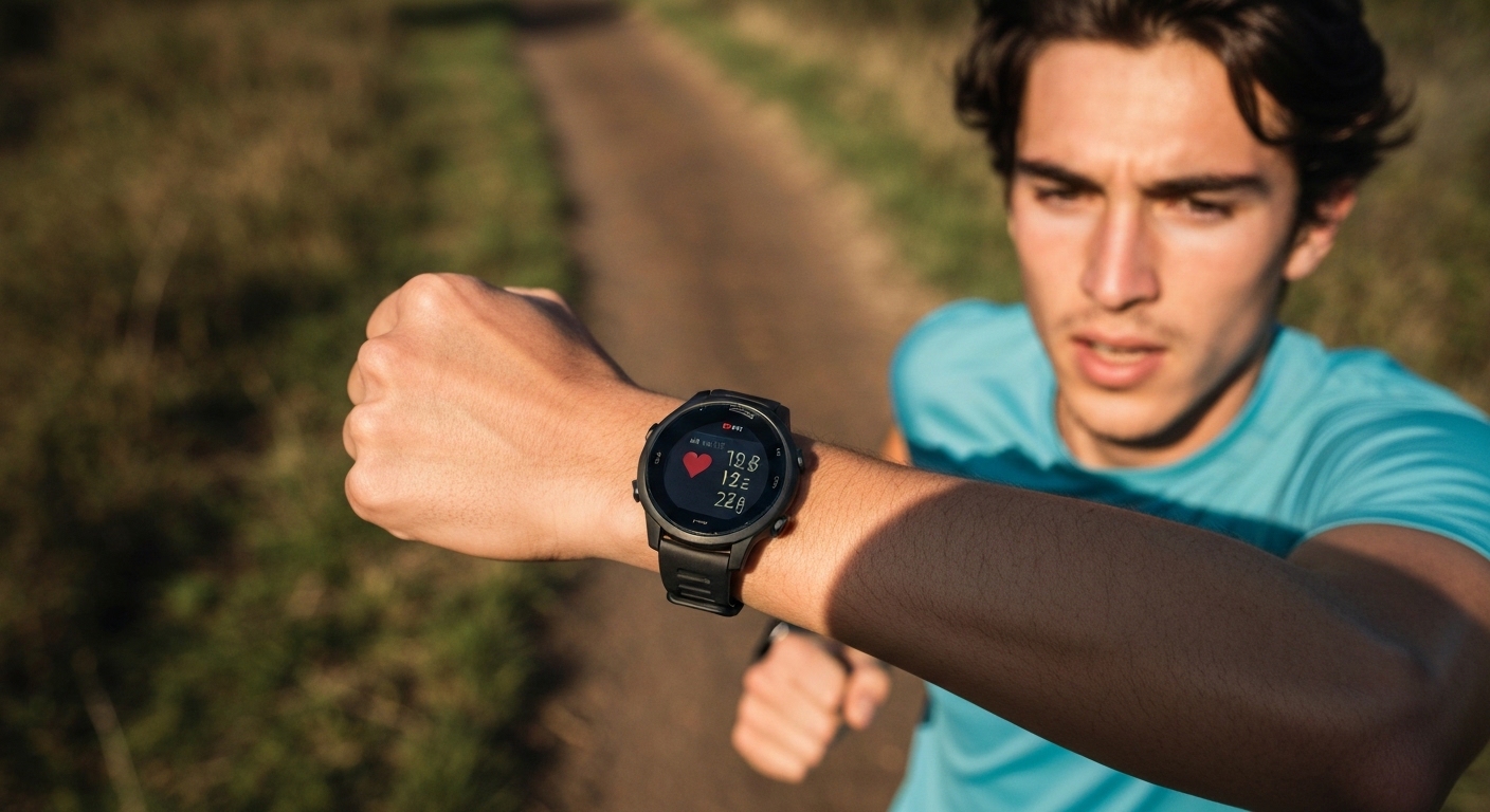 A runner checking a heart rate monitor watch with a trail path in the background