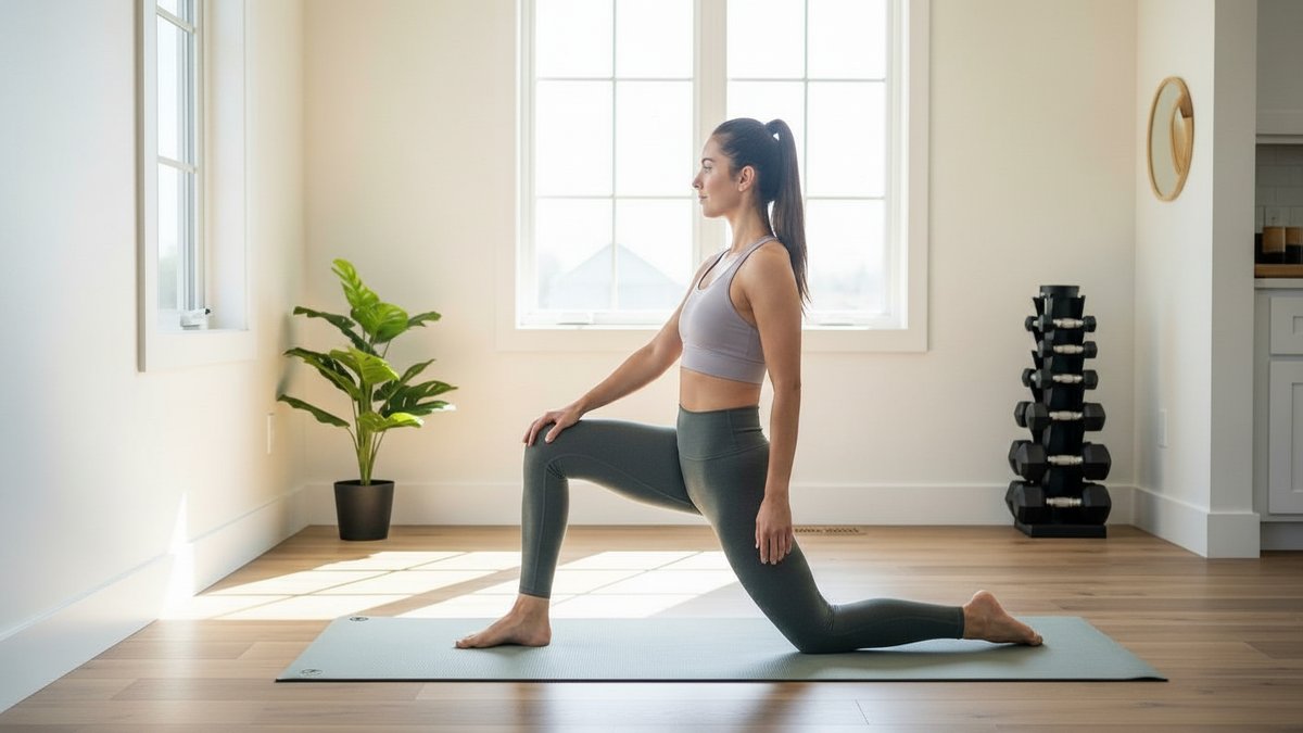 Person performing a deep lunge hip flexor stretch on a yoga mat in natural light