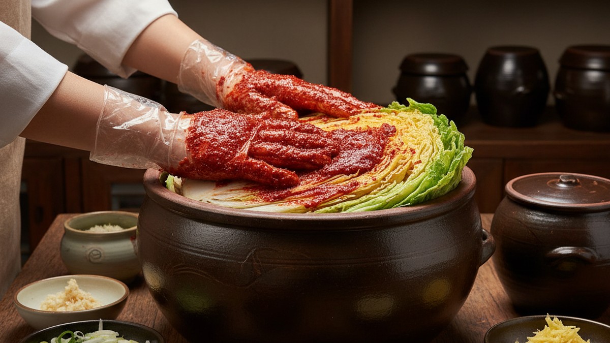 Fresh homemade kimchi in a glass jar with napa cabbage and red pepper flakes visible