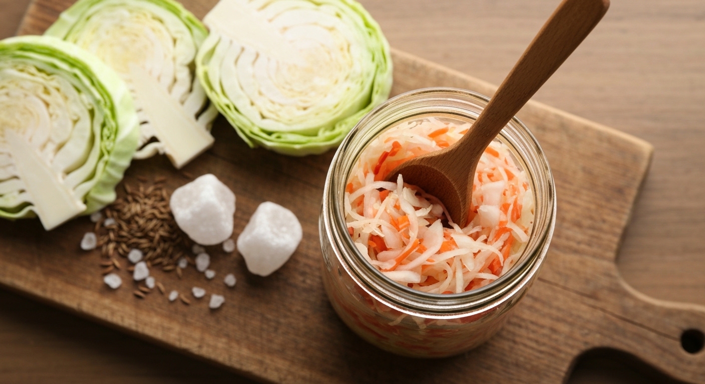 A mason jar of freshly made sauerkraut with cabbage and salt on a wooden cutting board