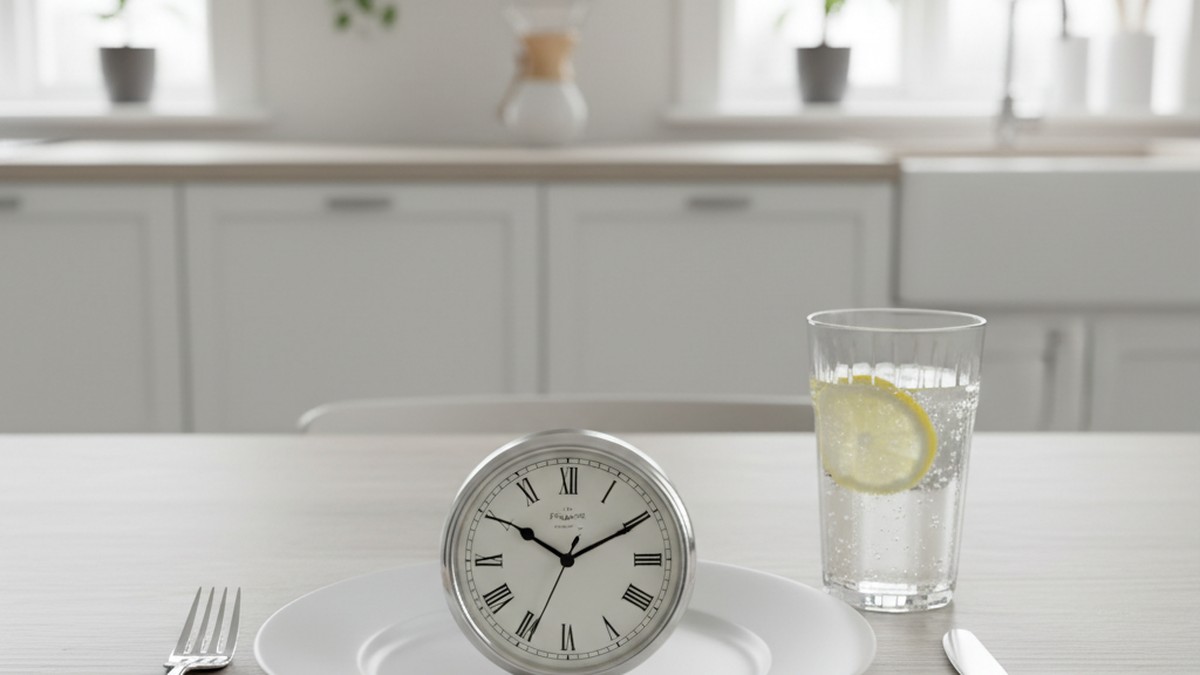 Clock on a plate with healthy food and water showing the concept of time-restricted eating