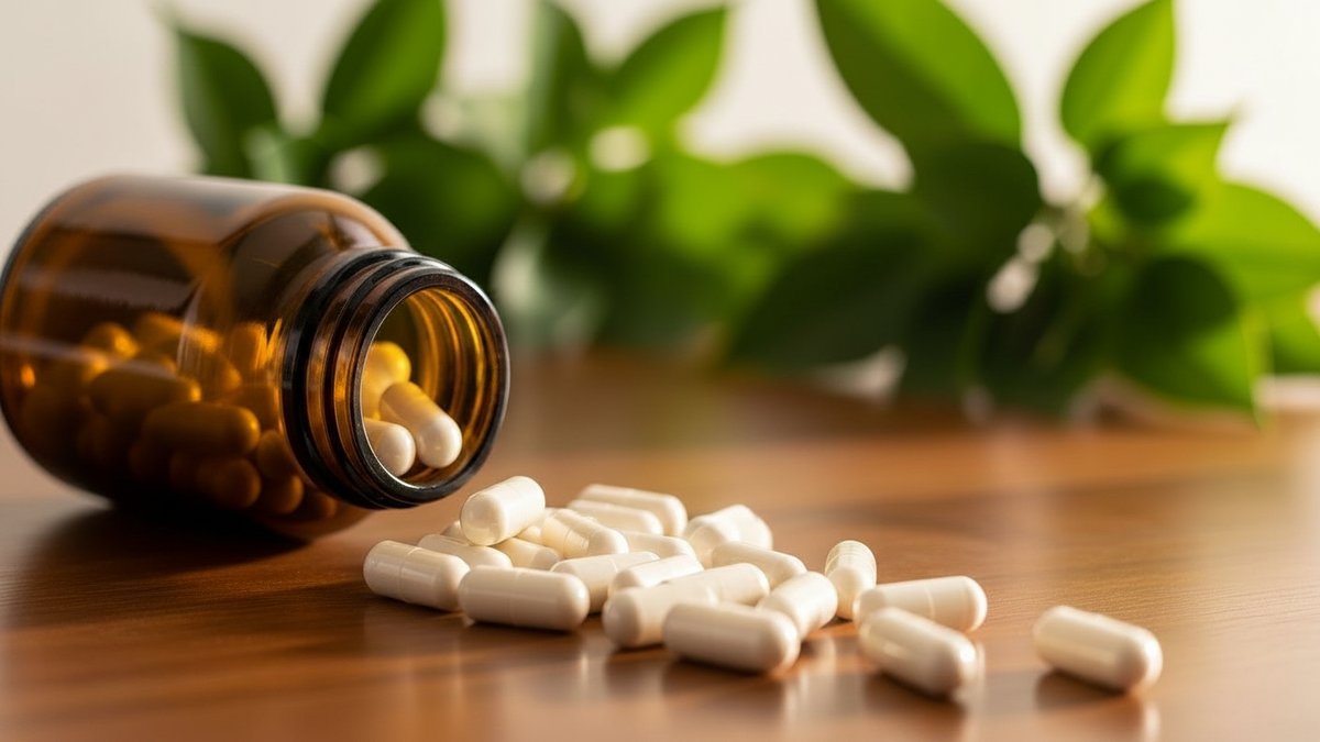 Magnesium glycinate supplement capsules next to a glass of water on a bedside table
