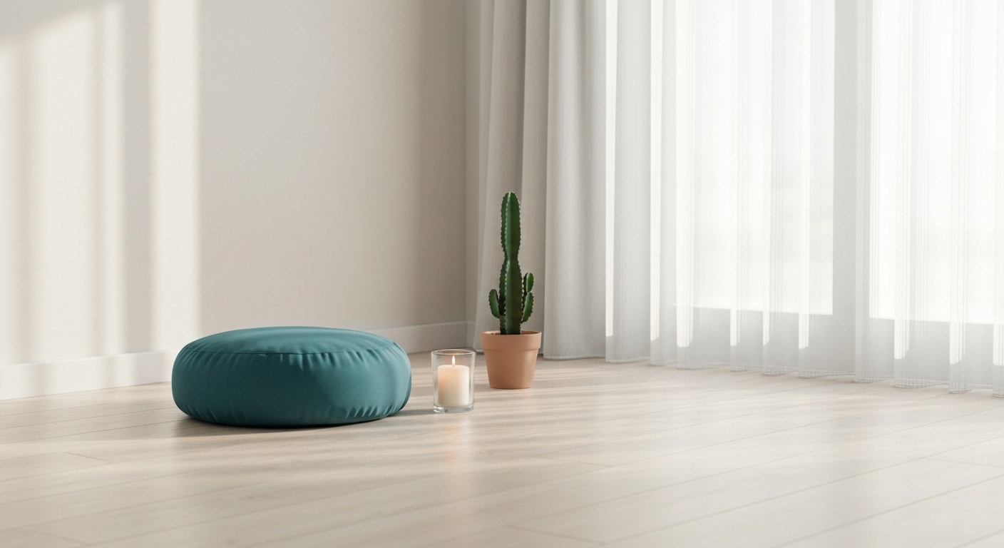 A calm person sitting cross-legged on a cushion in a quiet room with soft natural light