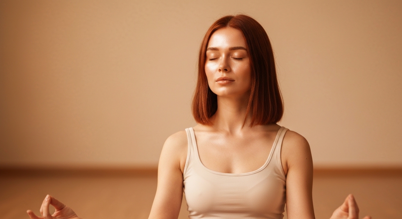 A serene person meditating with soft light and a sense of calm radiating outward