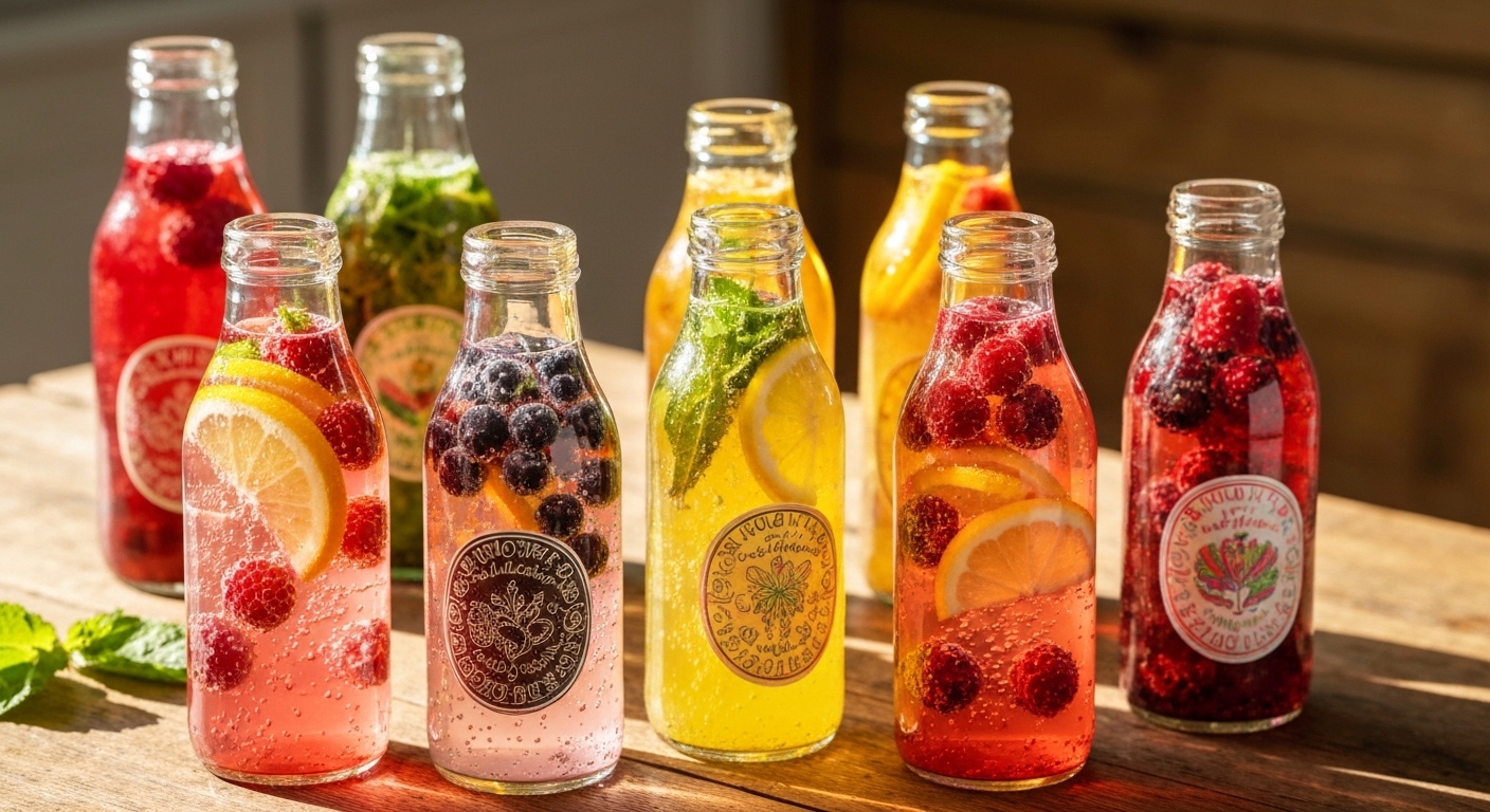 Colorful natural fruit sodas in glass bottles with fresh fruit slices and fizzy bubbles
