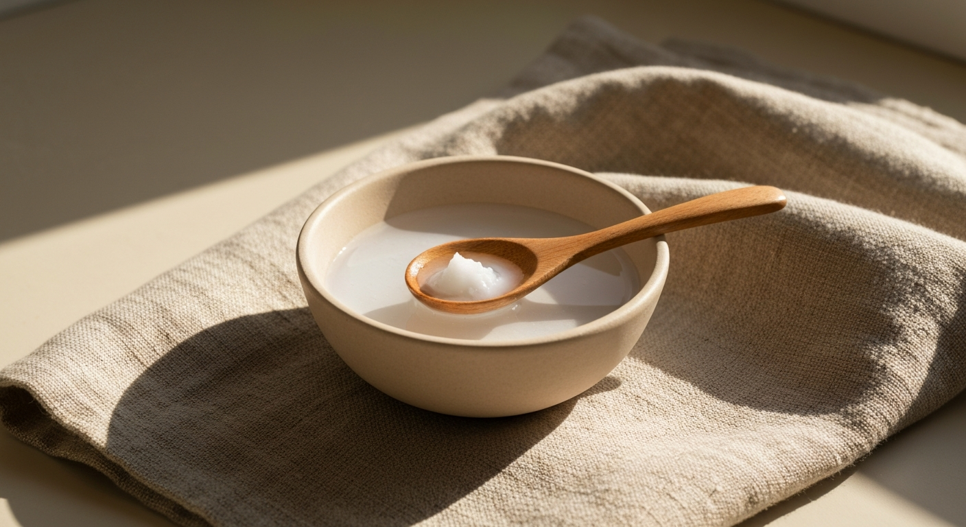 A small bowl of coconut oil and a wooden spoon on a linen cloth in soft morning light