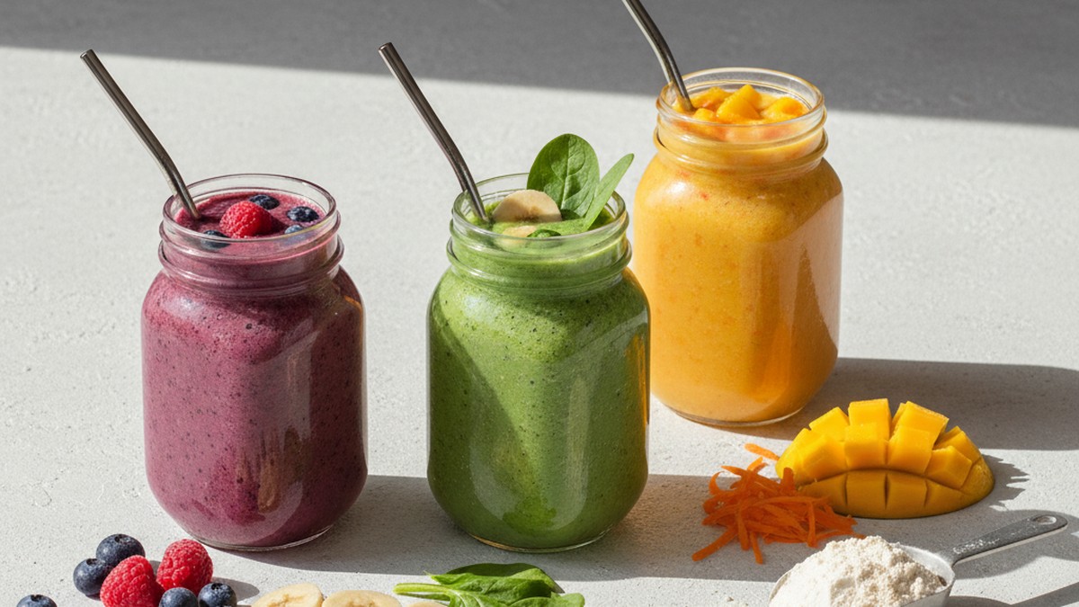 Colorful protein smoothies in glass jars with fresh fruits and protein powder around them