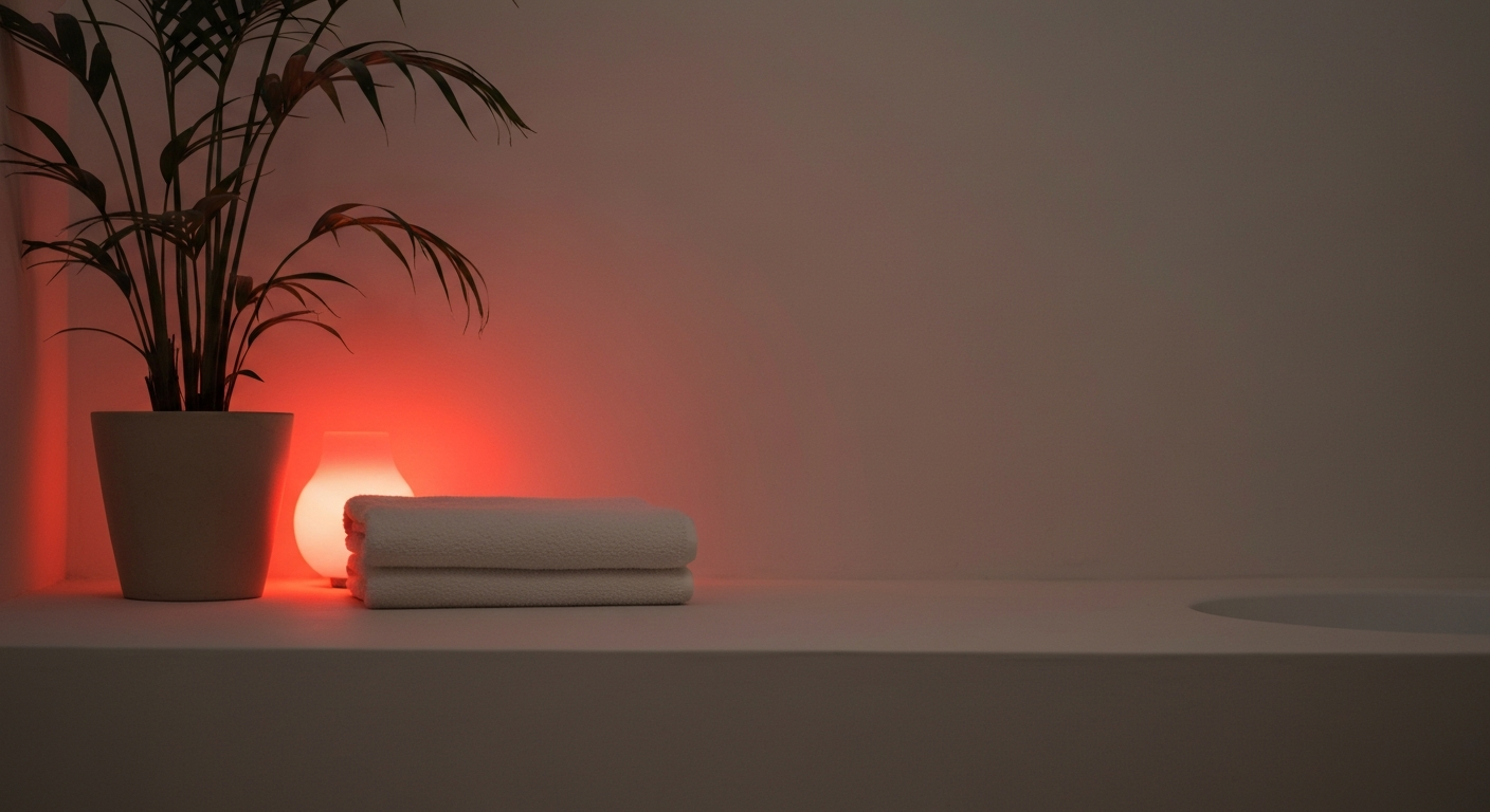 Warm red light glowing across a calm minimal room with a soft towel and plant in soft focus