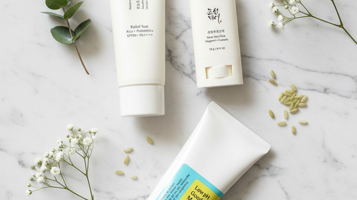 A runner applying sunscreen before a morning run with Korean skincare products nearby