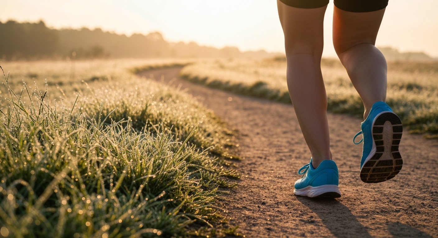 A runner on a quiet morning path with soft sunrise light filtering through trees