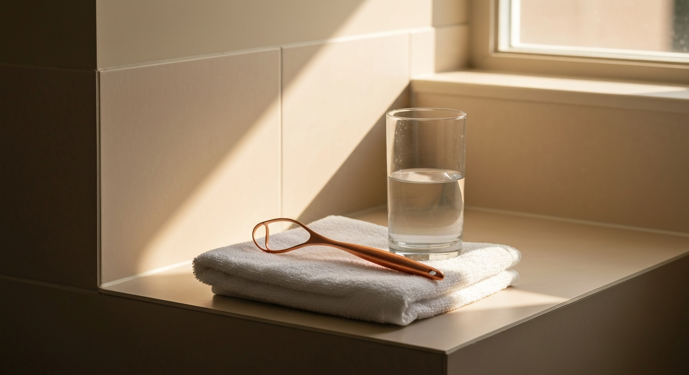 A copper tongue scraper on a folded towel beside a glass of water in soft morning light