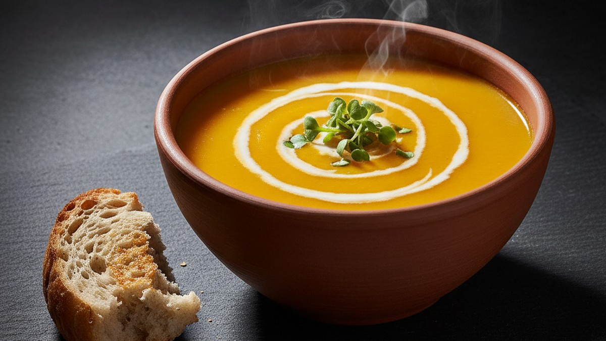 Steaming bowls of colorful soups with fresh herbs and whole grain bread on a rustic table