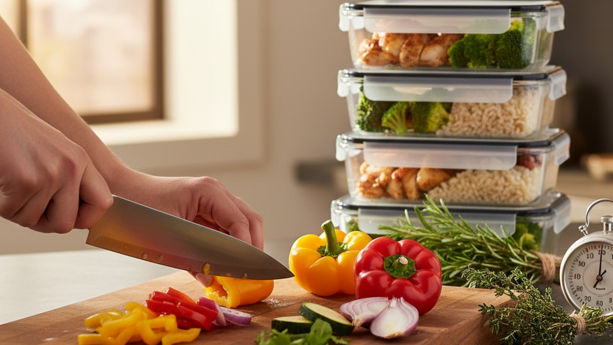 Organized meal prep containers with portioned proteins vegetables and grains on a kitchen counter