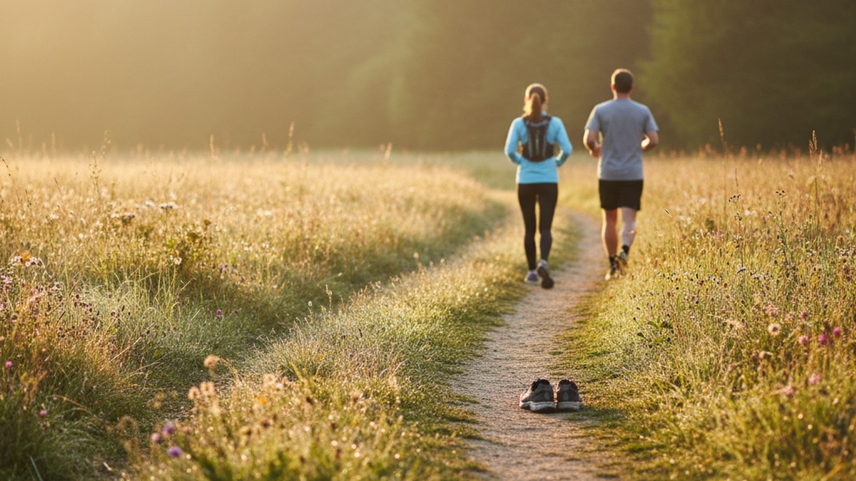 A person walking briskly outdoors at golden hour with a small smartwatch visible