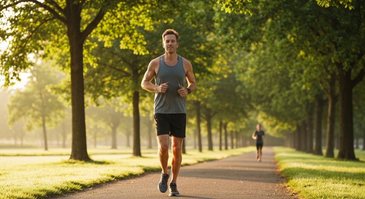 A runner on a trail at an easy conversational pace with a heart rate monitor visible